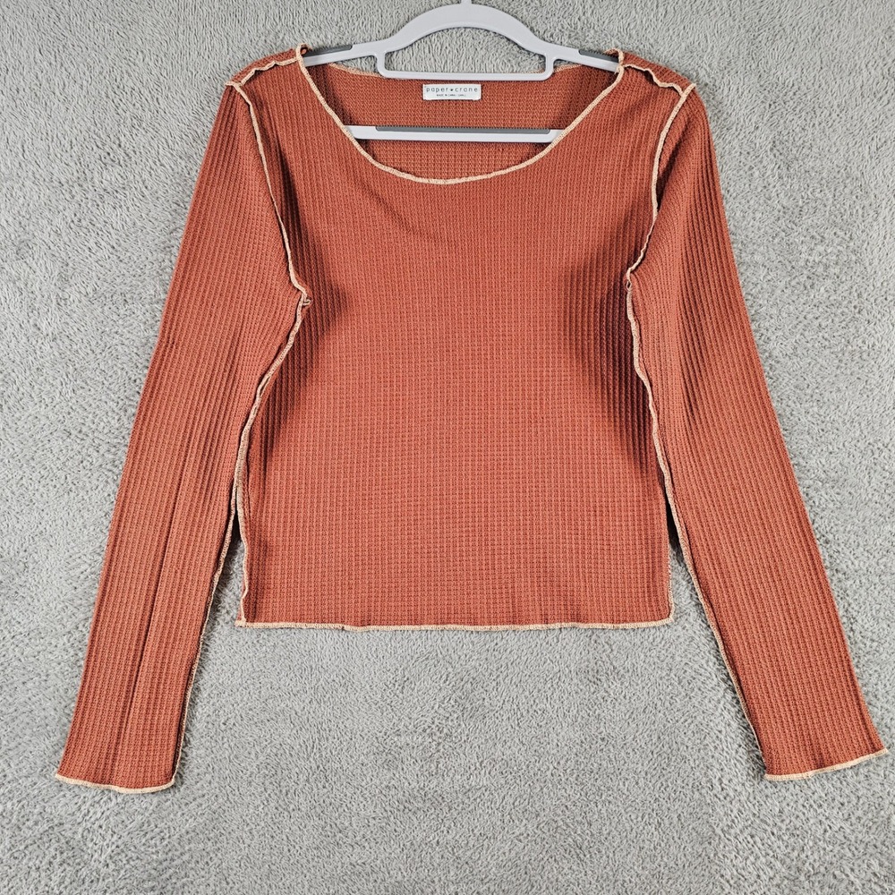 Paper Crane Rust Orange Waffle Knit Exposed Seam Top Small Earthy Indie